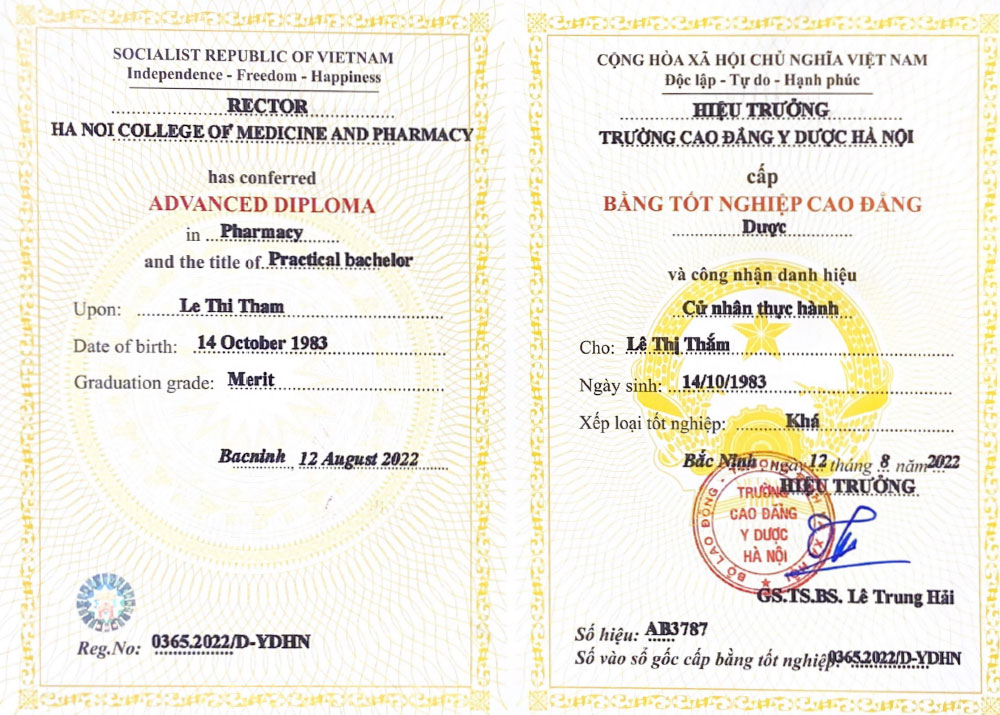 Chứng chỉ của chuyên gia Hana Le