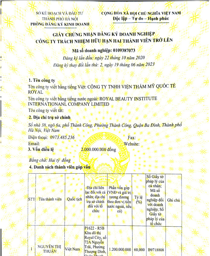 Giấy đăng ký kinh doanh Viện Thẩm Mỹ Quốc Tế Royal